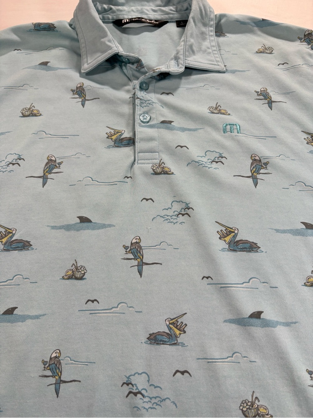 TravisMathew Mens Large Golf Polo Shirt Light Blue Silverleaf Embroidery Parrots